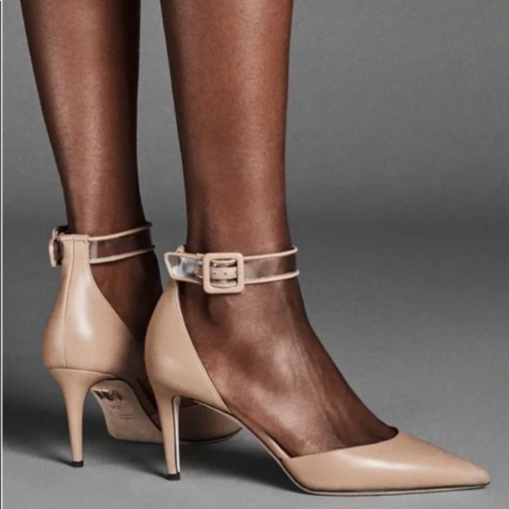NWOB! Tamara Mellon Valleta 75 Napa Leather Clear PVC Pointed Nude Heels